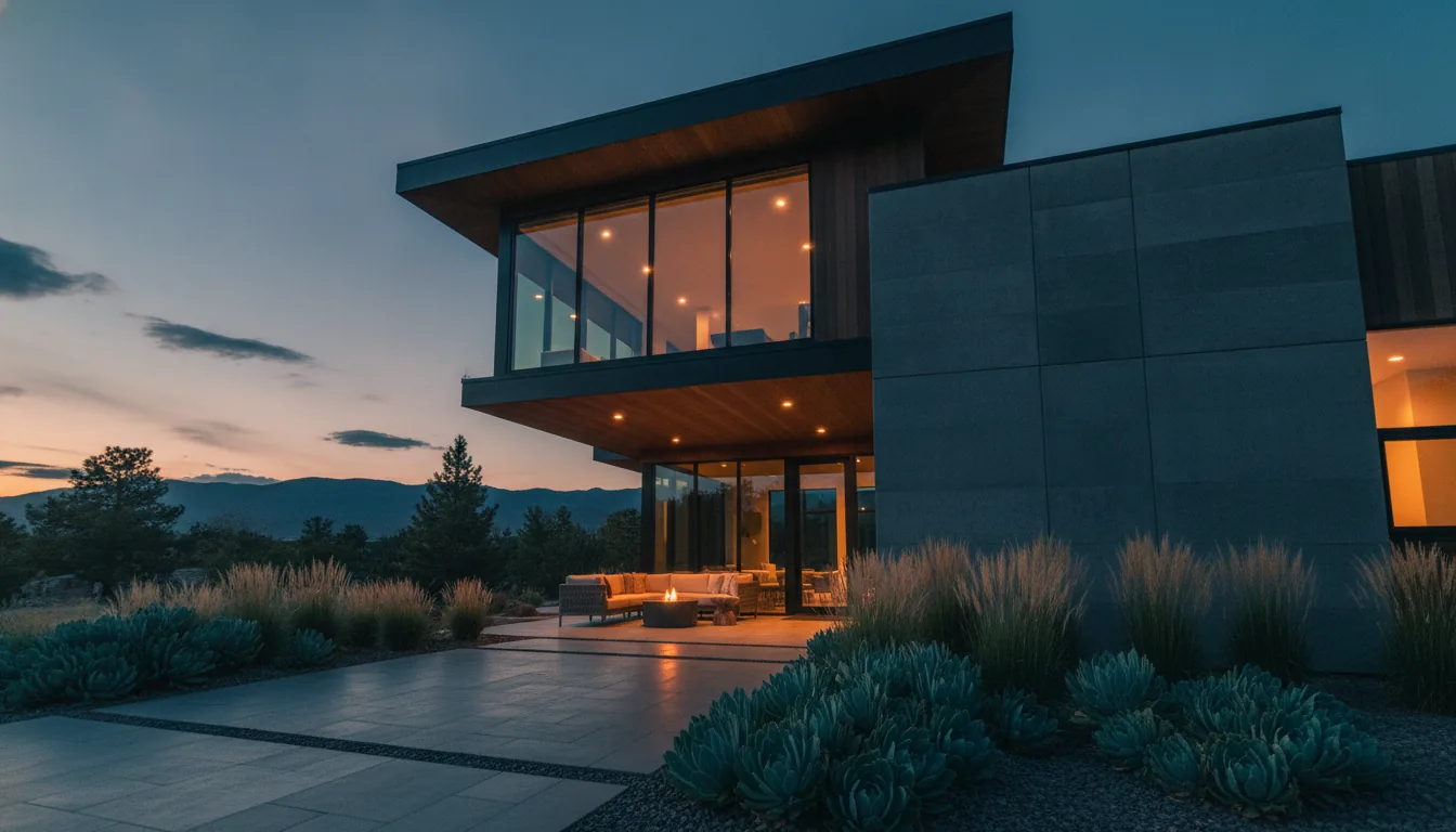 A welcoming modern vacation-rental exterior at golden hour with warm lit windows
