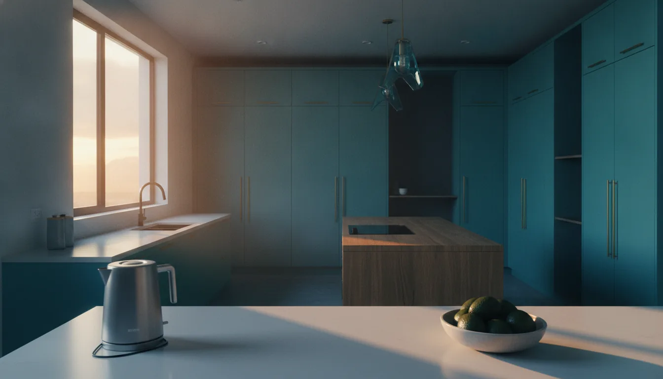 A stylish vacation-rental kitchen with clean counters and soft morning light