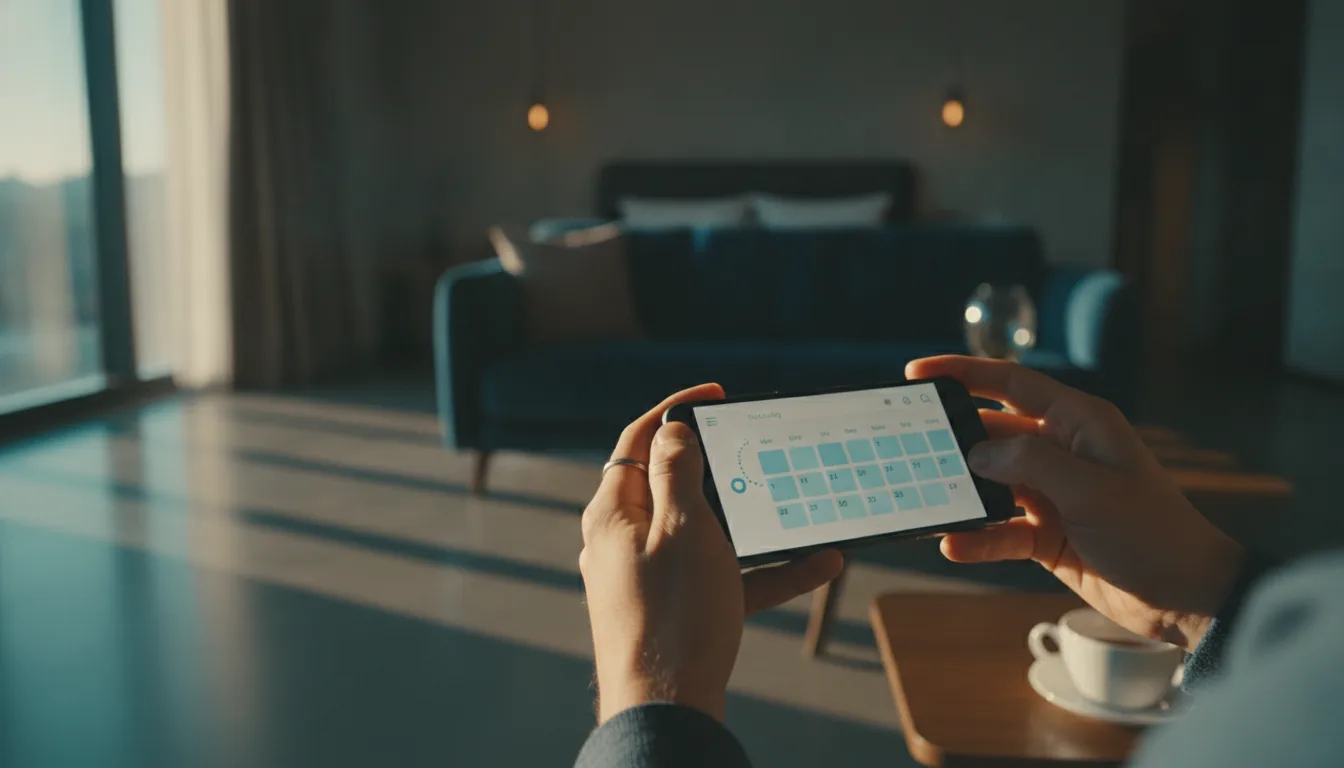 Close-up of hands holding a smartphone showing a clean booking app in a bright room
