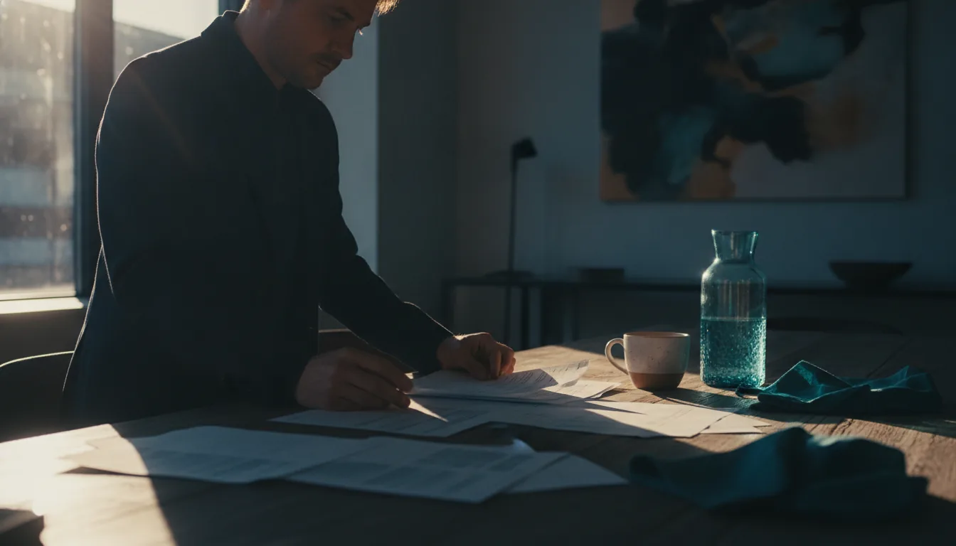 A host reviewing a few printed notes at a sunlit table with a coffee
