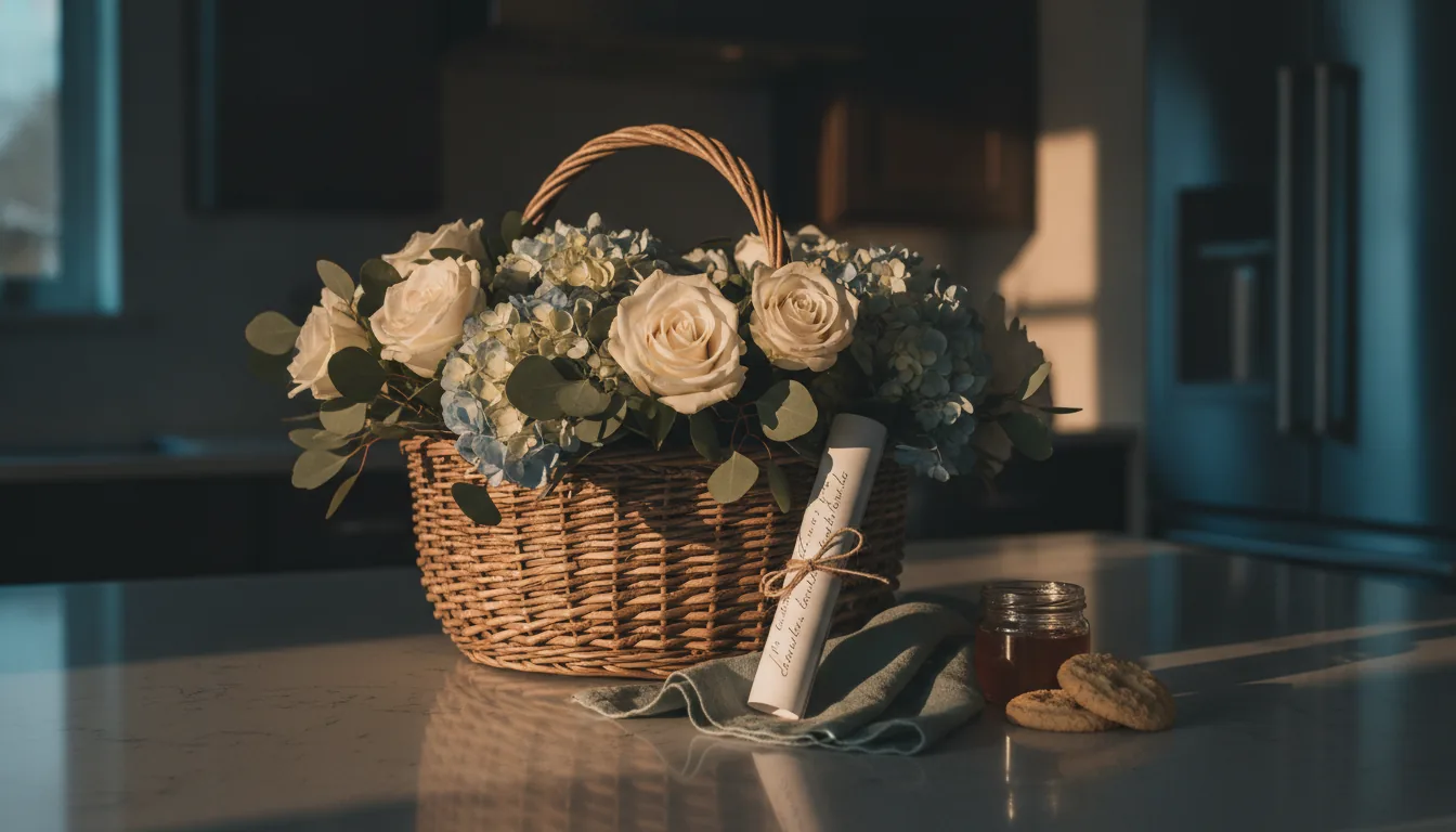 A welcome basket with fresh flowers and a handwritten note on a clean counter