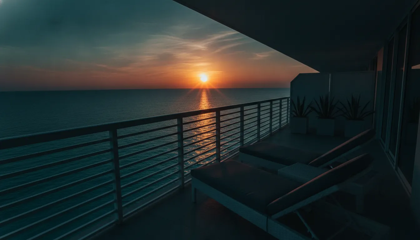 A Gulf-front condo balcony looking out over turquoise water at sunset