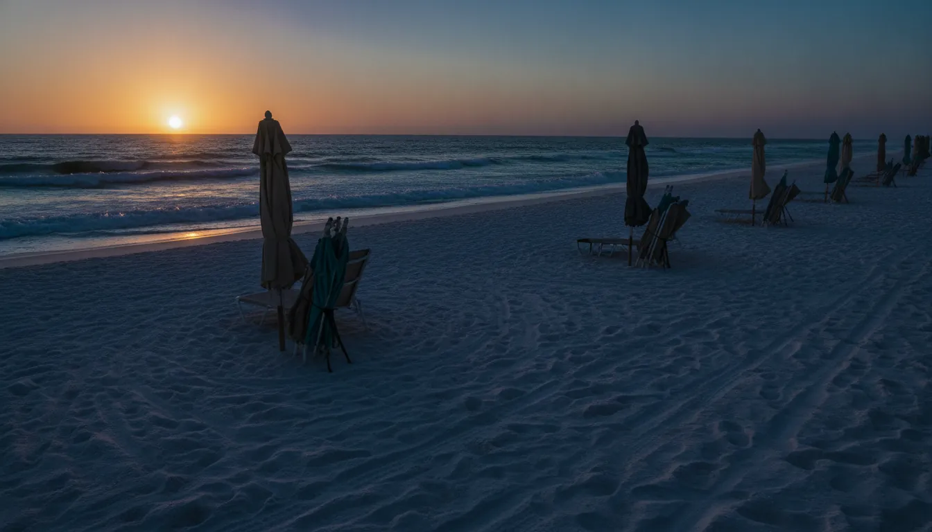 Sugar-white sand and turquoise surf under long evening shadows