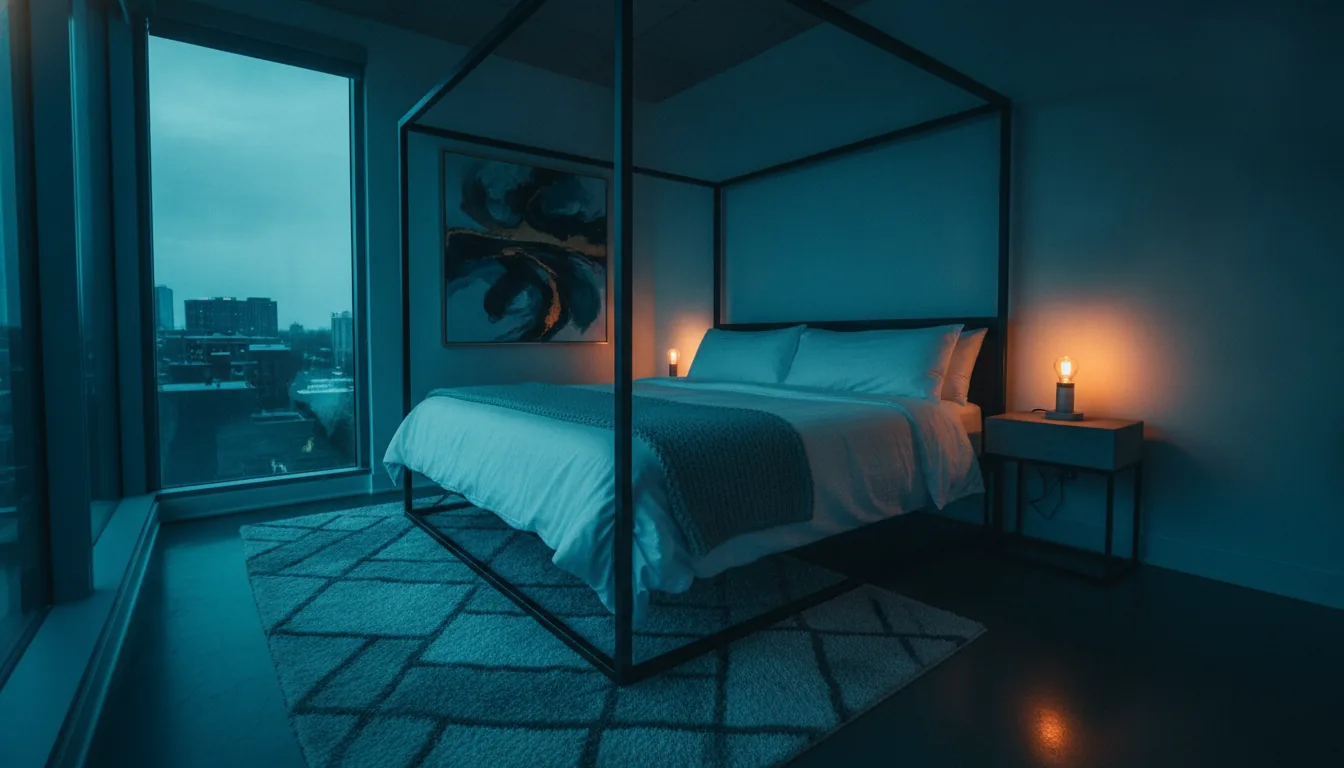 A cozy vacation-rental bedroom with crisp white linens and gentle light