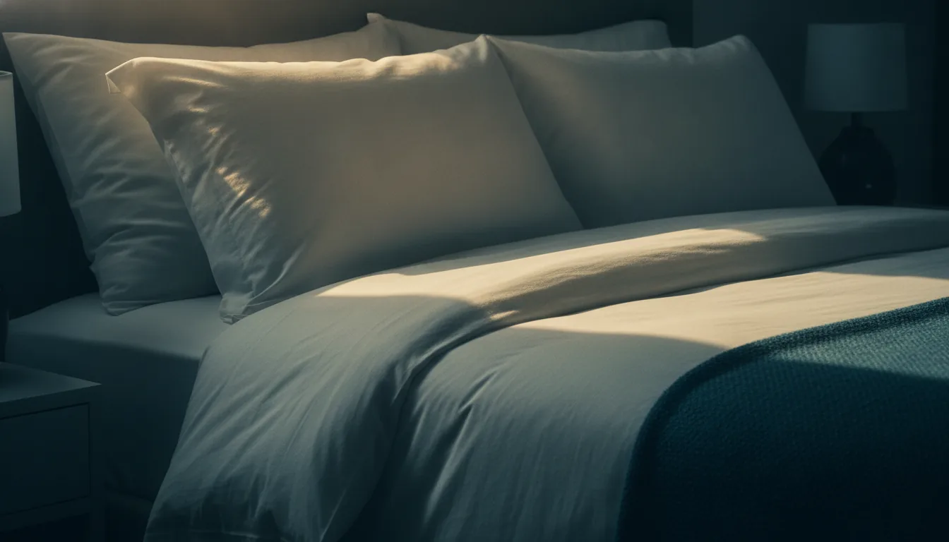 A close-up of a neatly made bed corner with crisp linens in morning light
