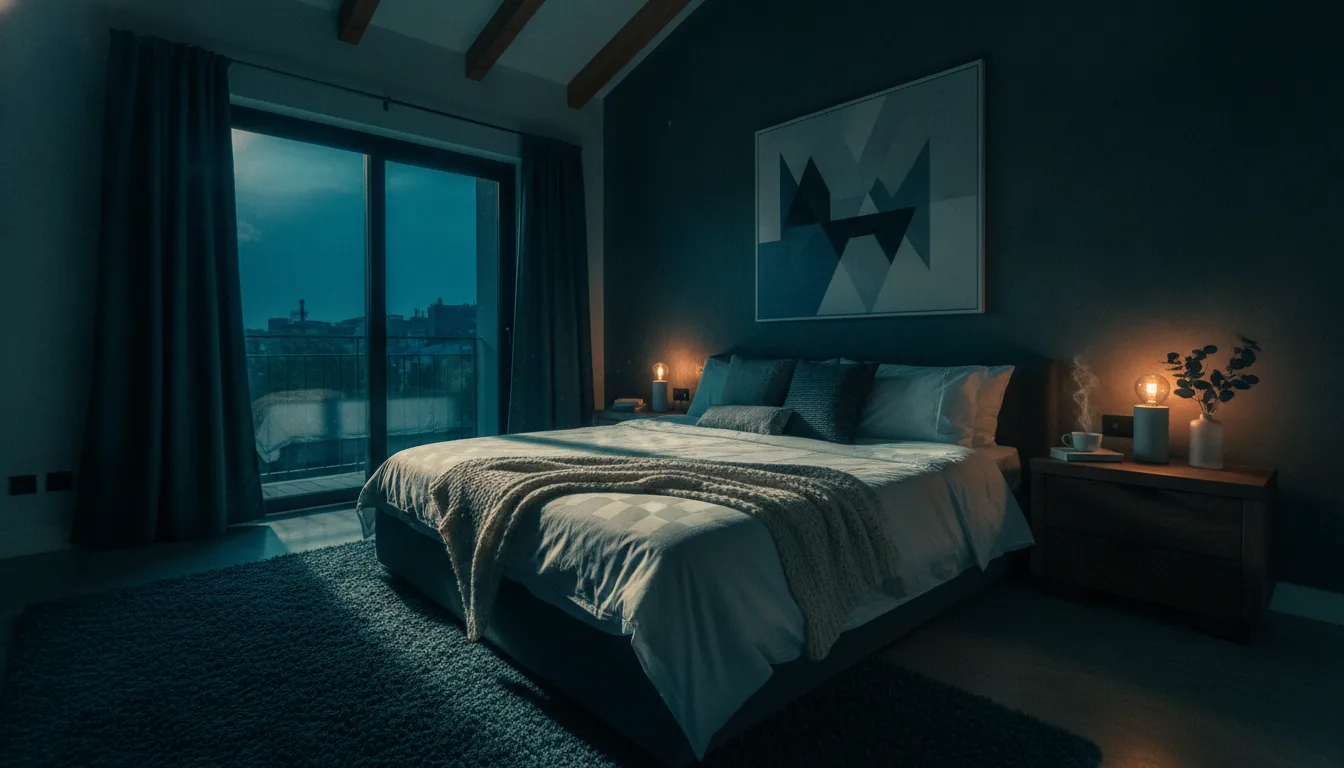 A cozy vacation-rental bedroom with crisp white linens and gentle light
