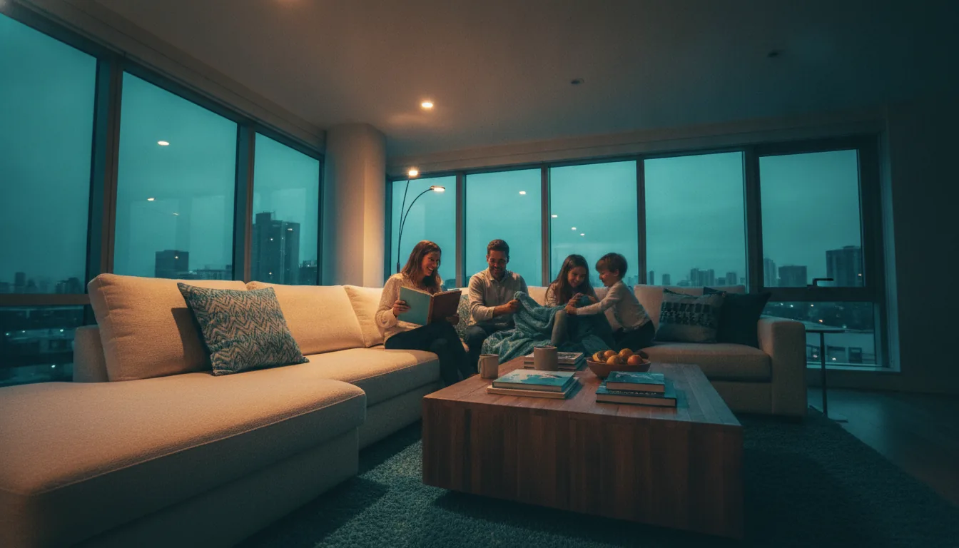 A family settling into a bright vacation-rental living room
