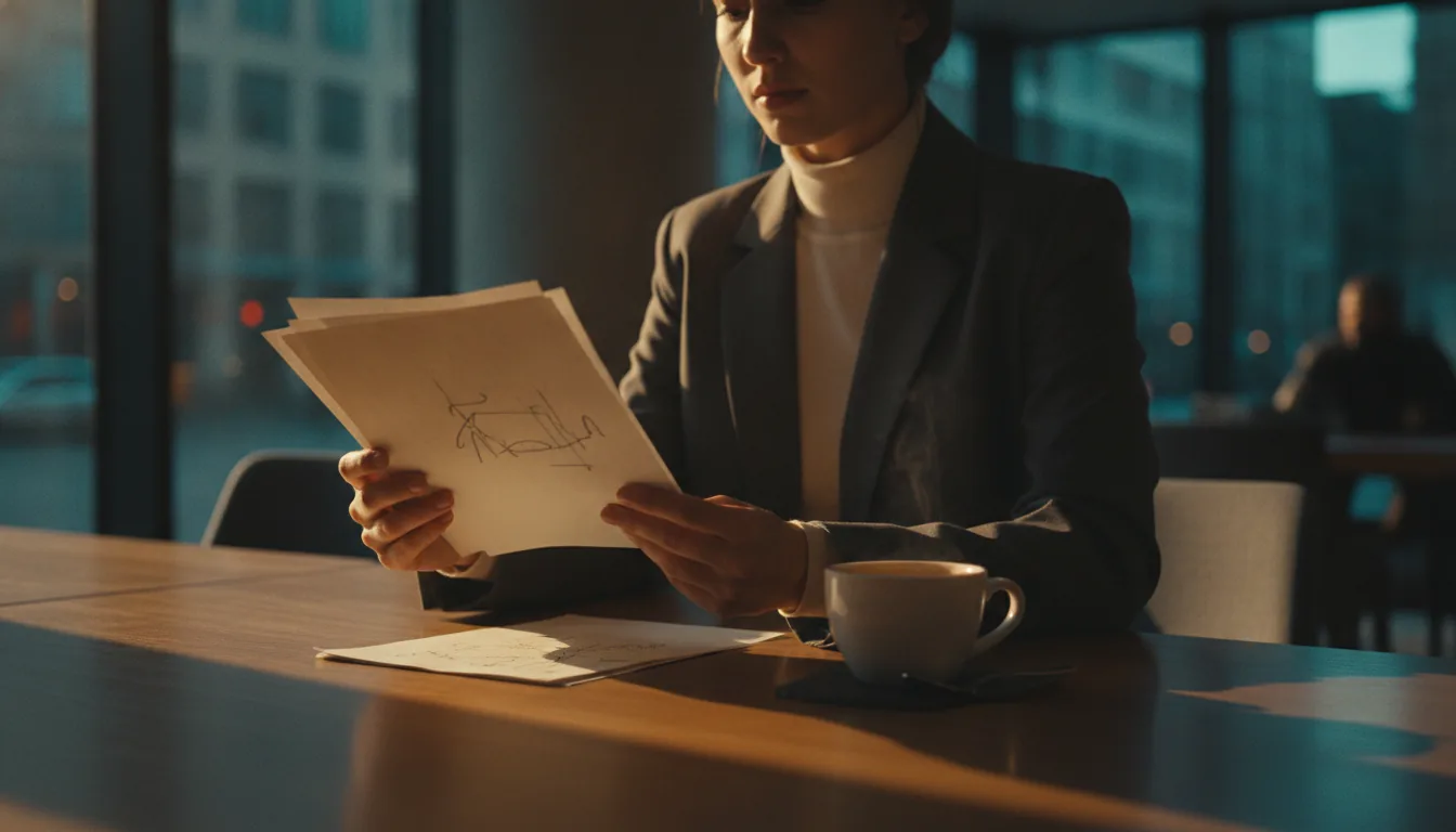 A host reviewing a few printed notes at a sunlit table with a coffee