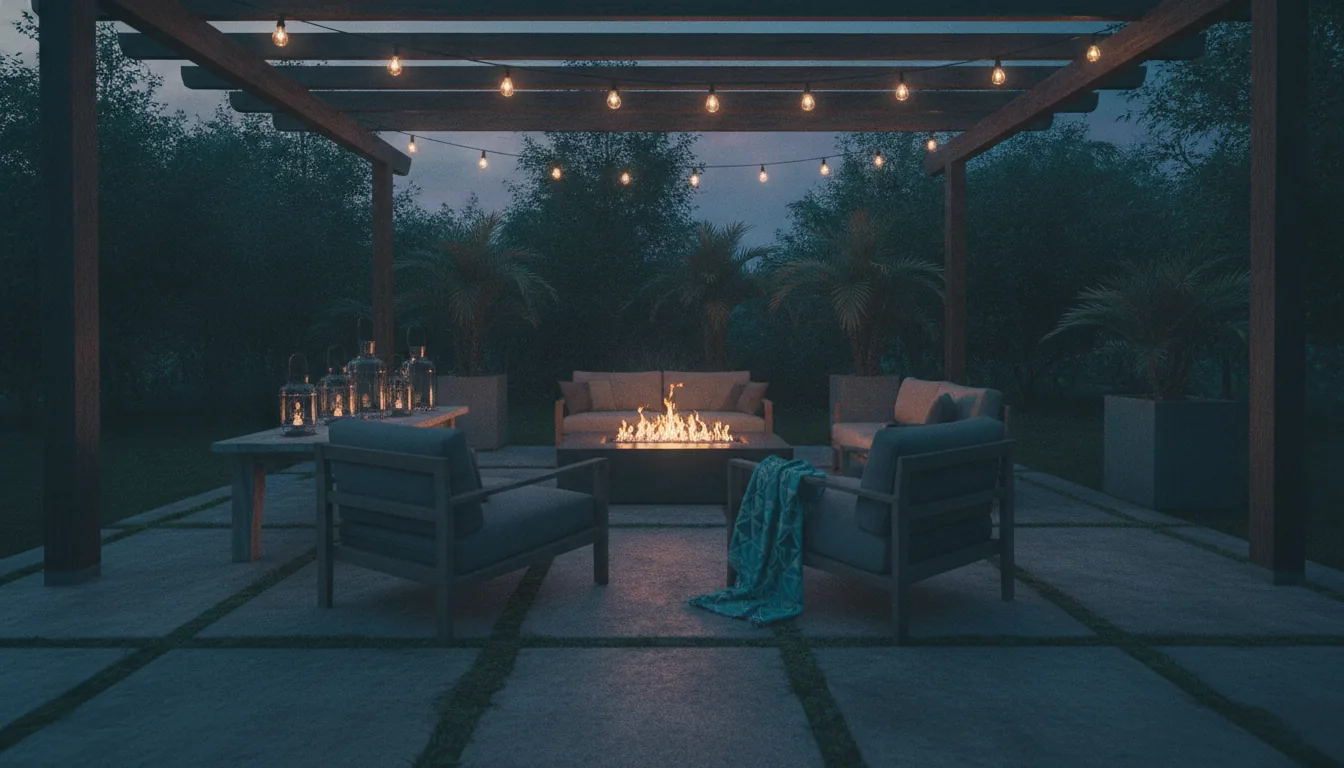 A vacation-rental patio with string lights and lounge chairs in the evening
