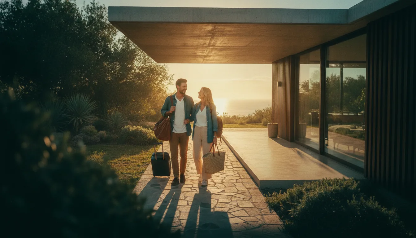 A couple arriving at a vacation rental with luggage