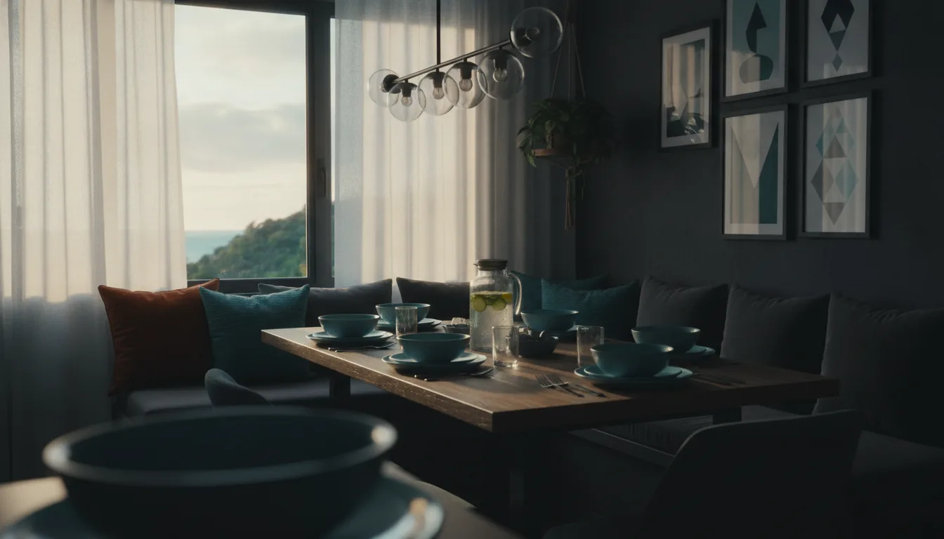 A sunlit vacation-rental dining nook set for guests