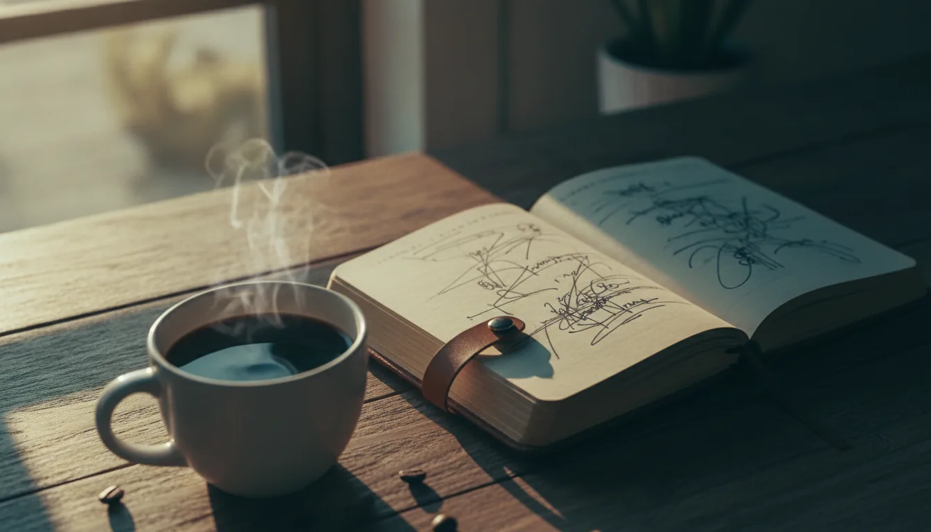 A close-up of fresh coffee and a leather notebook on a sunlit wooden table
