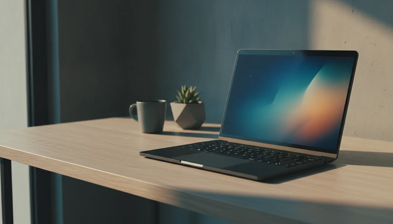 A sleek laptop open on a minimal desk in beautiful natural light