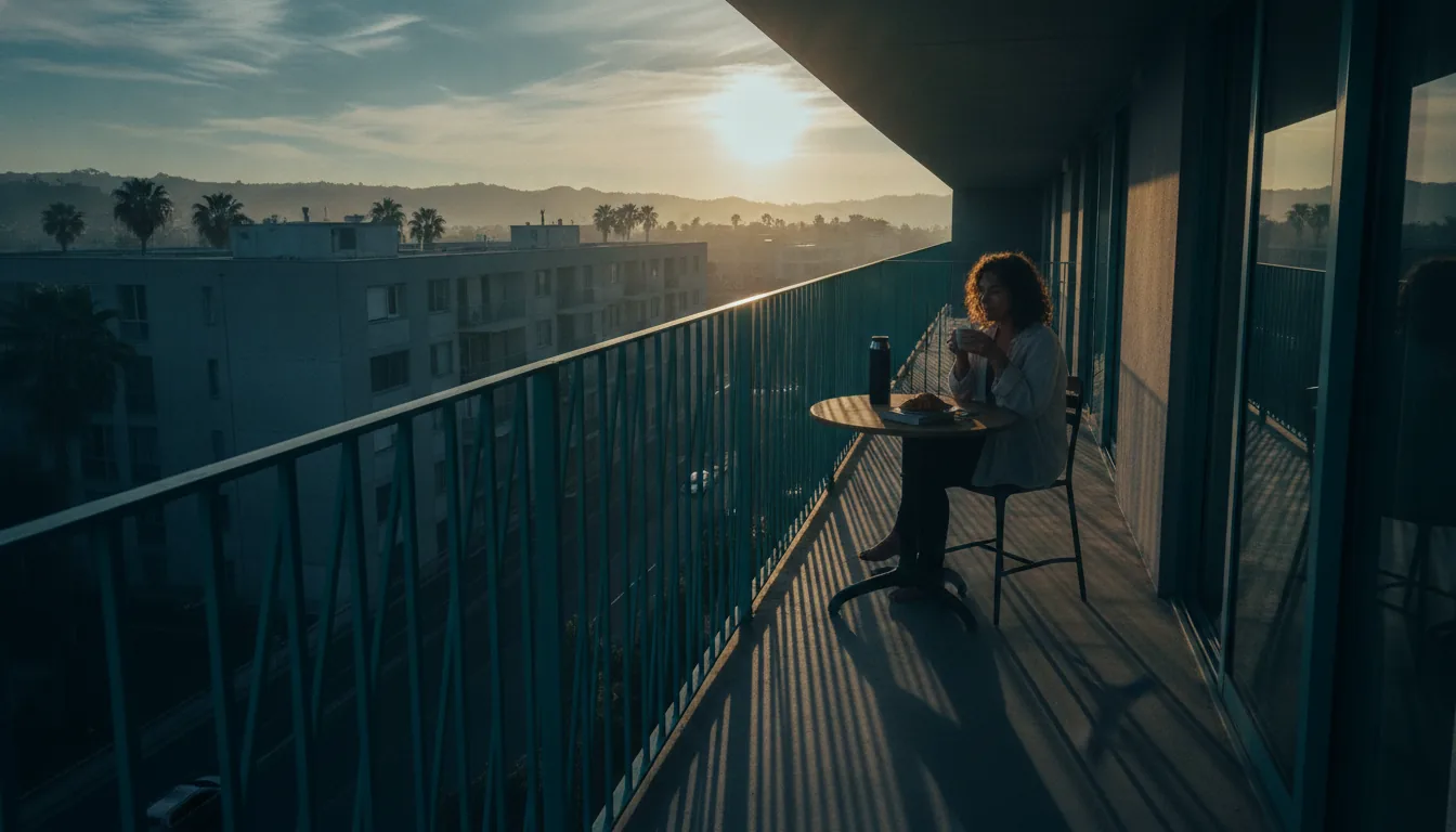 A guest enjoying morning coffee on a sunny rental balcony