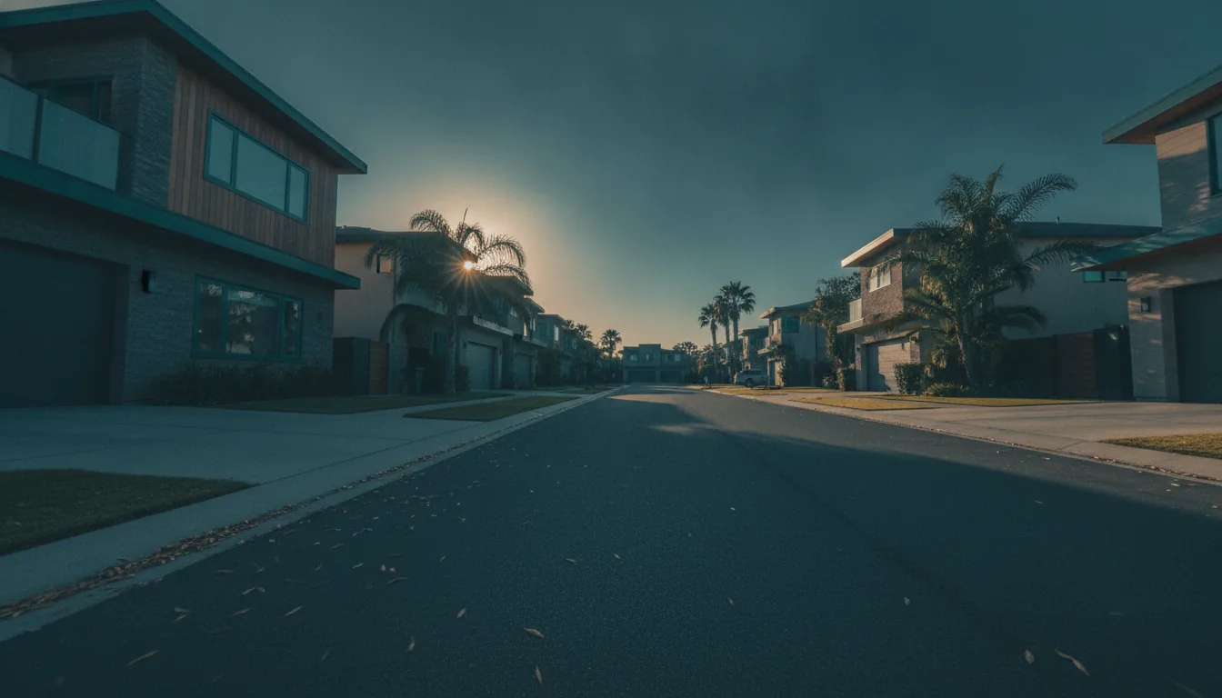 A quiet residential street of attractive vacation homes in warm daylight