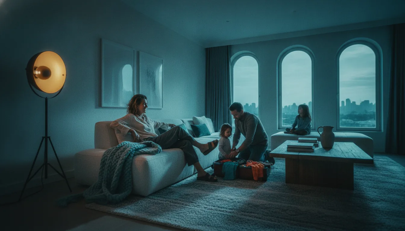 A family settling into a bright vacation-rental living room
