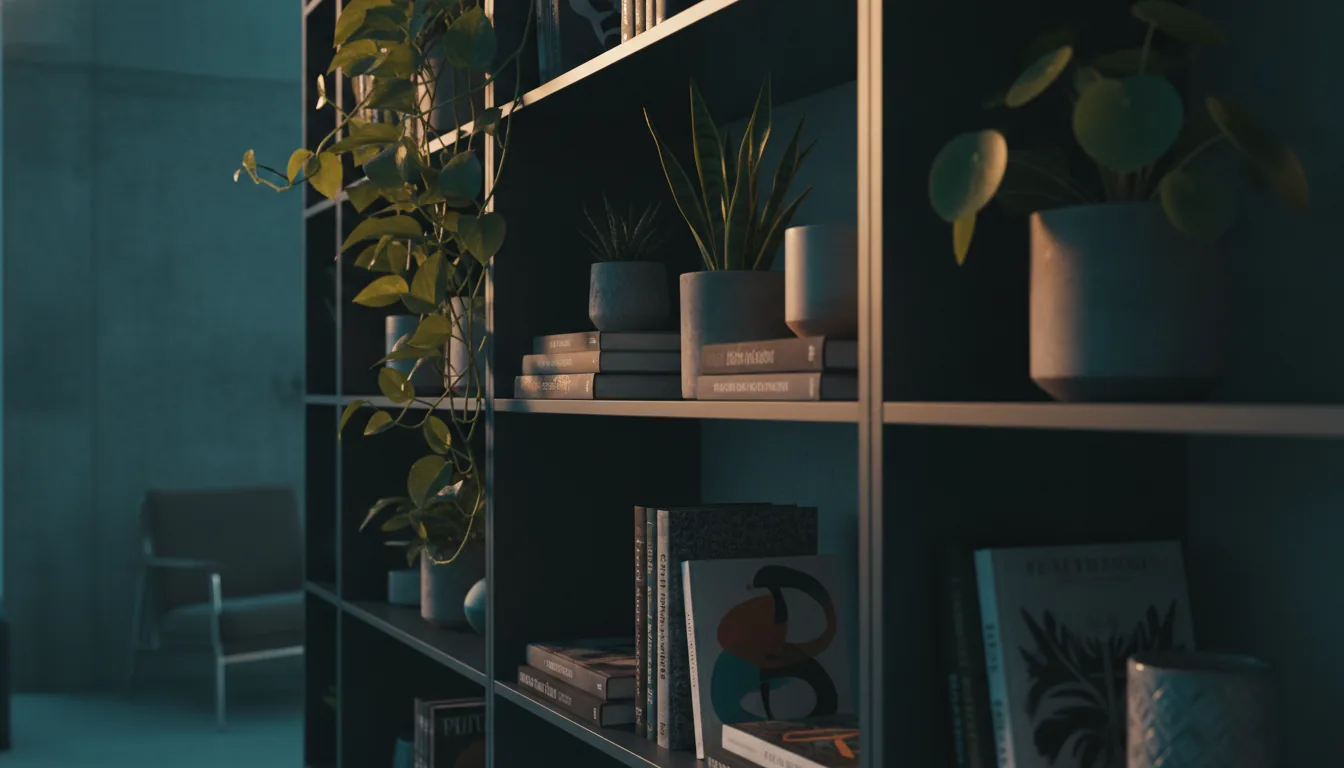 A tasteful detail of a styled rental shelf with plants and books in soft light