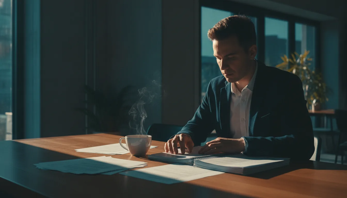 A host reviewing a few printed notes at a sunlit table with a coffee
