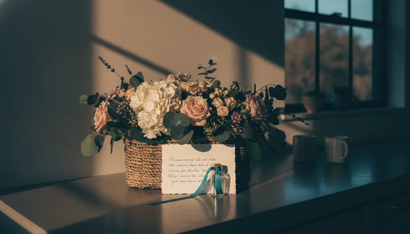 A welcome basket with fresh flowers and a handwritten note on a clean counter