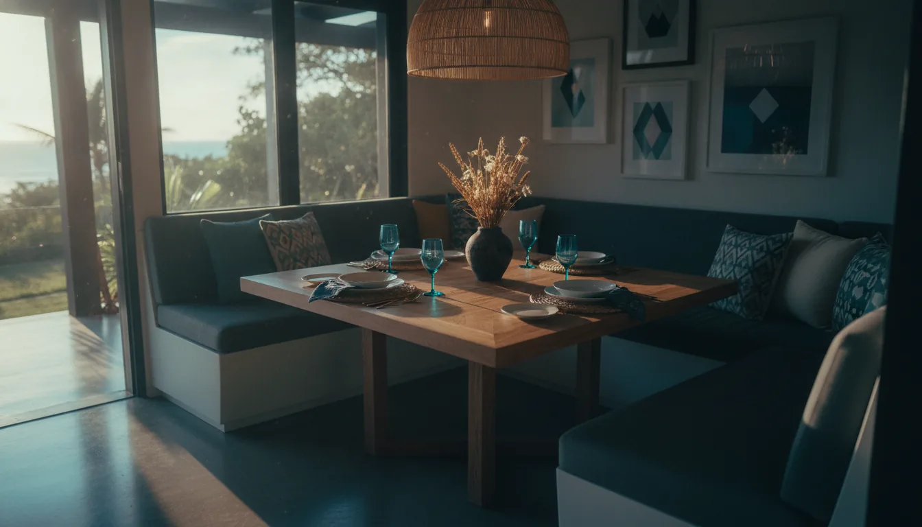 A sunlit vacation-rental dining nook set for guests