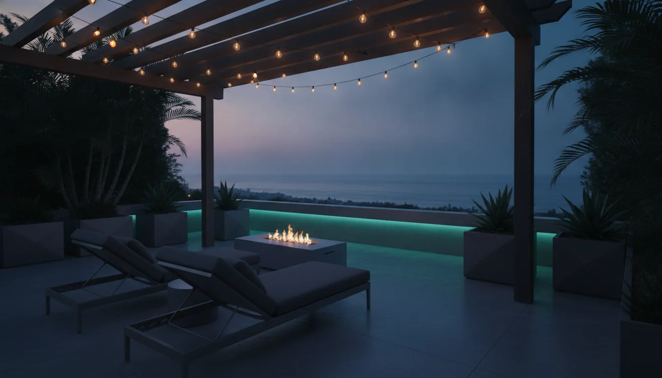 A vacation-rental patio with string lights and lounge chairs in the evening