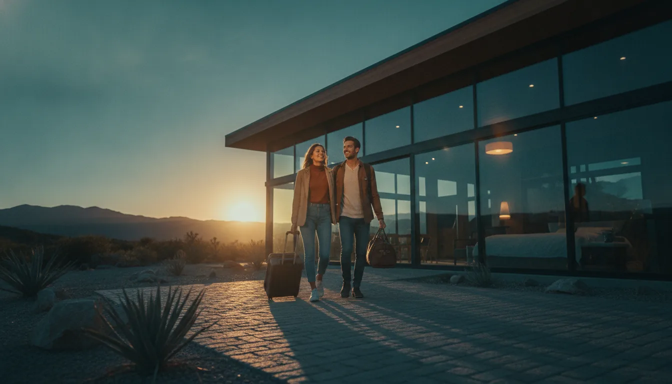 A couple arriving at a vacation rental with luggage