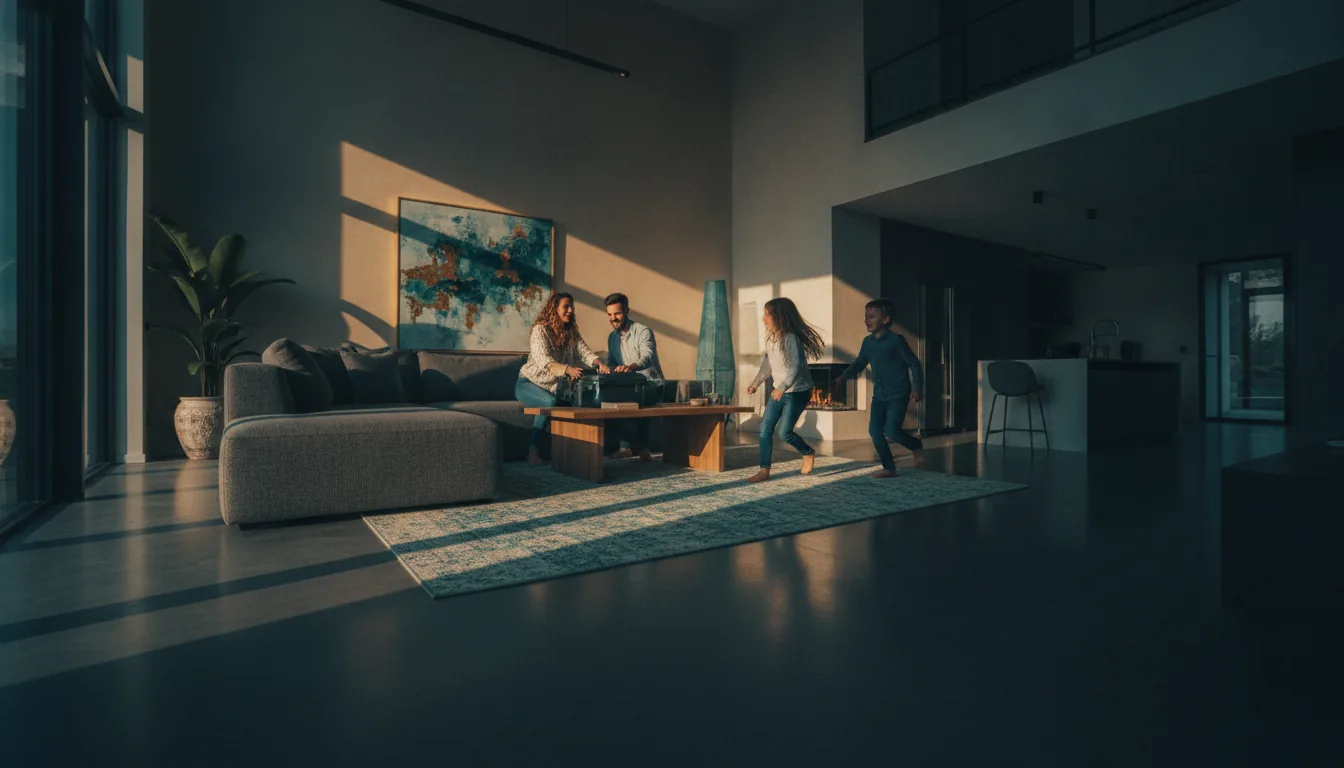 A family settling into a bright vacation-rental living room