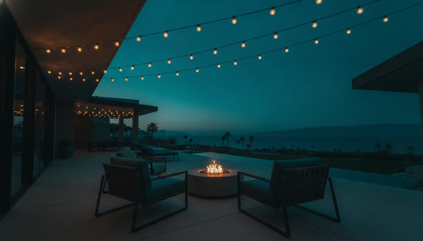 A vacation-rental patio with string lights and lounge chairs in the evening