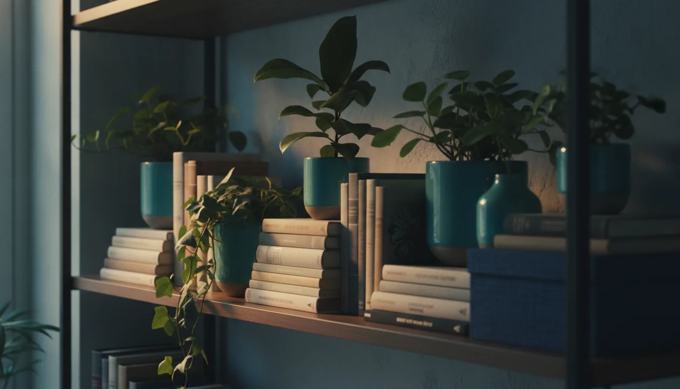 A tasteful detail of a styled rental shelf with plants and books in soft light