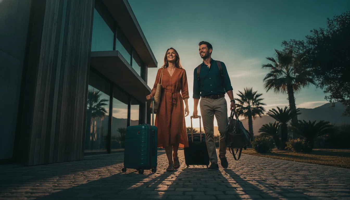 A couple arriving at a vacation rental with luggage
