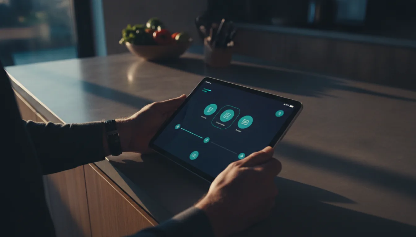 Hands using a tablet on a kitchen counter