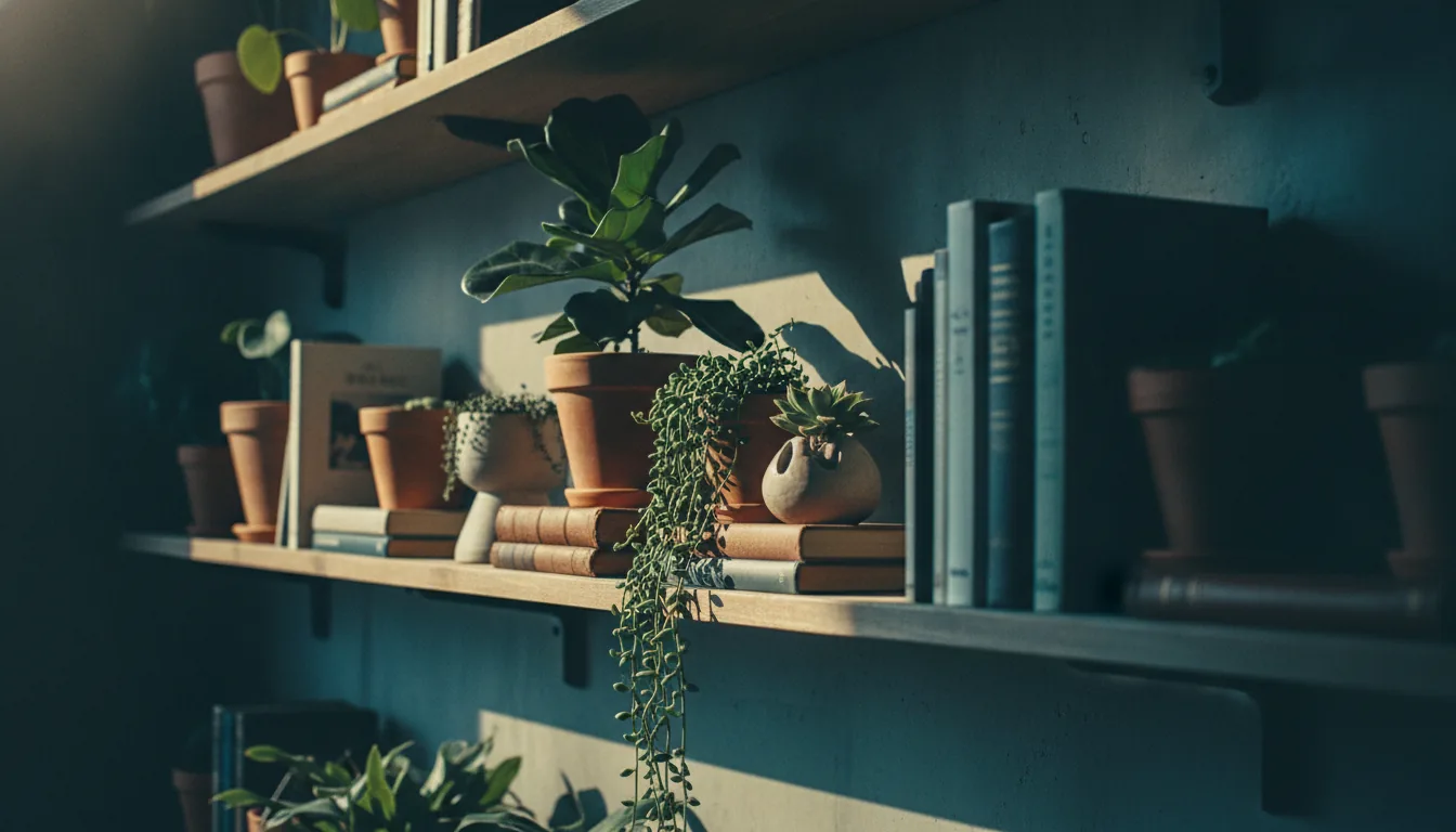 A tasteful detail of a styled rental shelf with plants and books in soft light