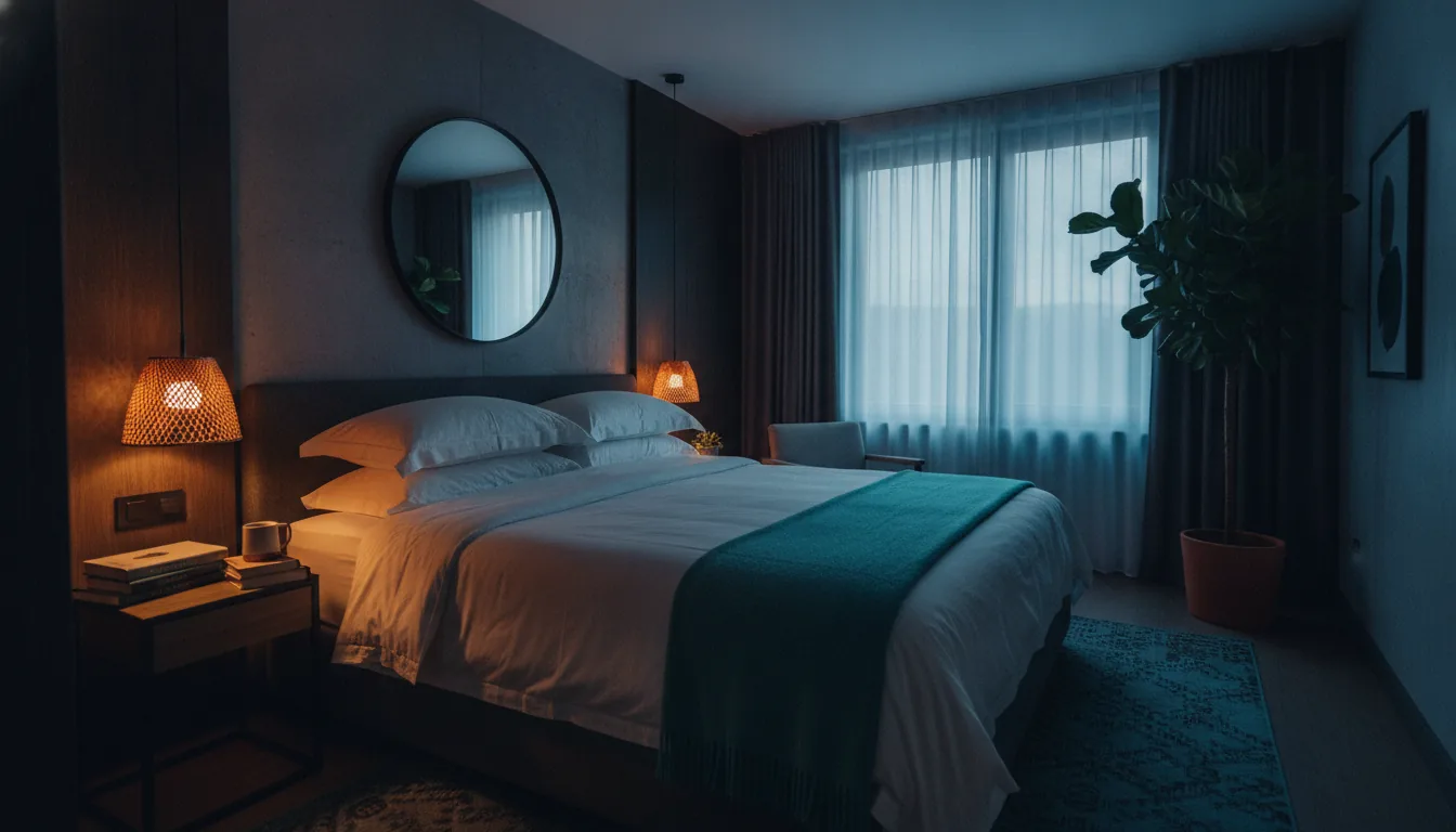 A cozy vacation-rental bedroom with crisp white linens and gentle light