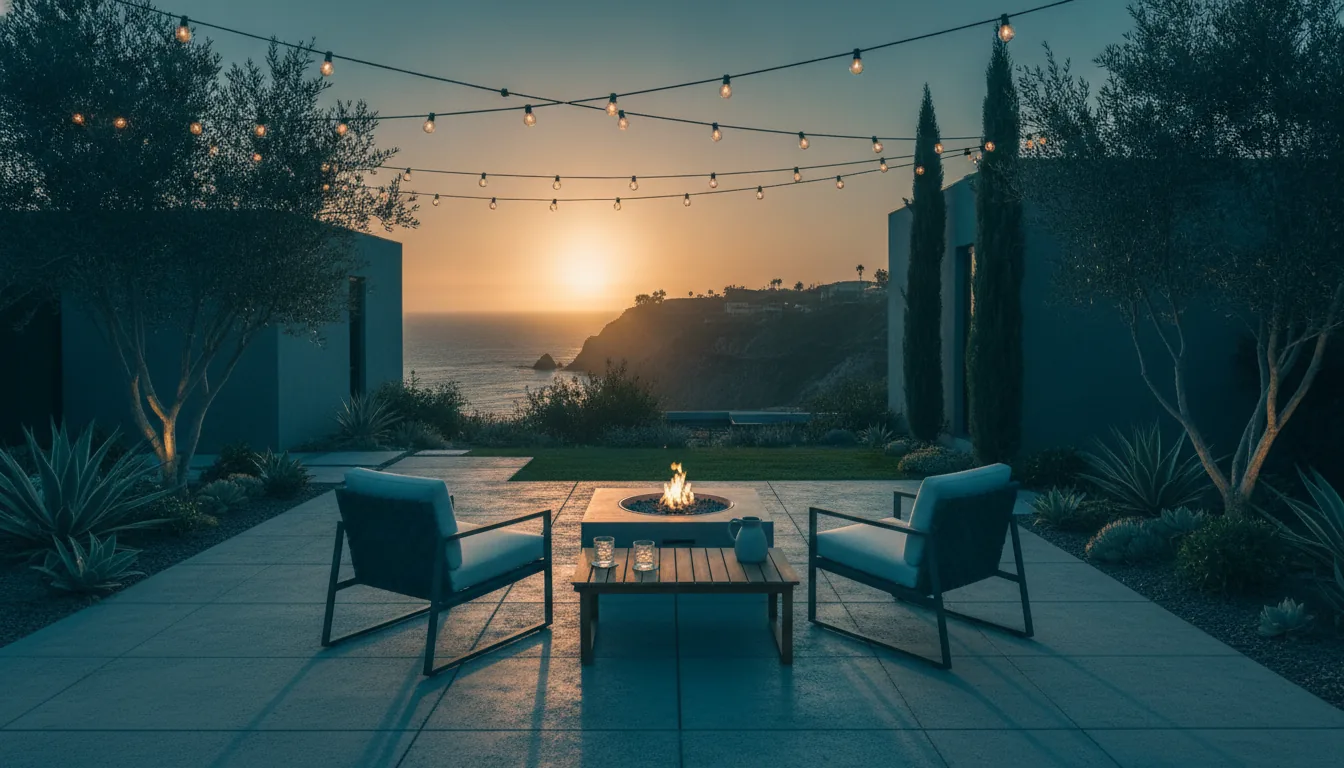 A vacation-rental patio with string lights and lounge chairs in the evening