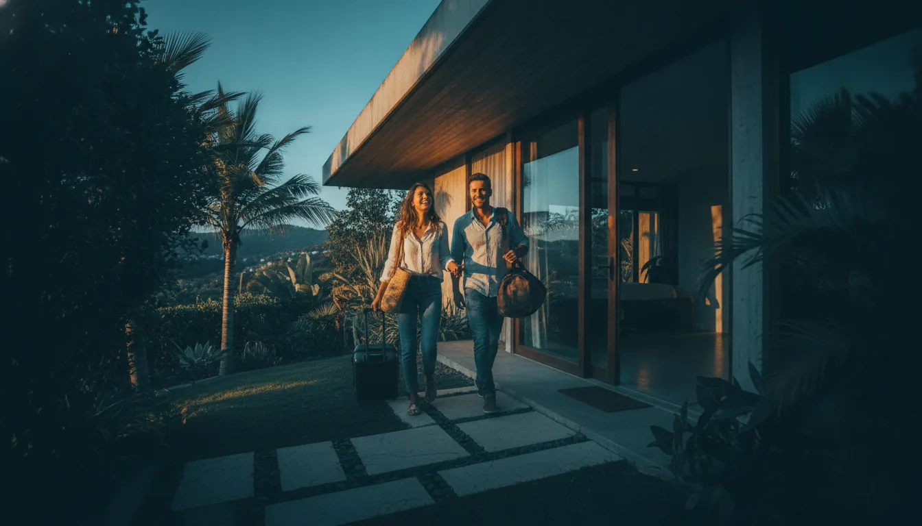 A couple arriving at a vacation rental with luggage