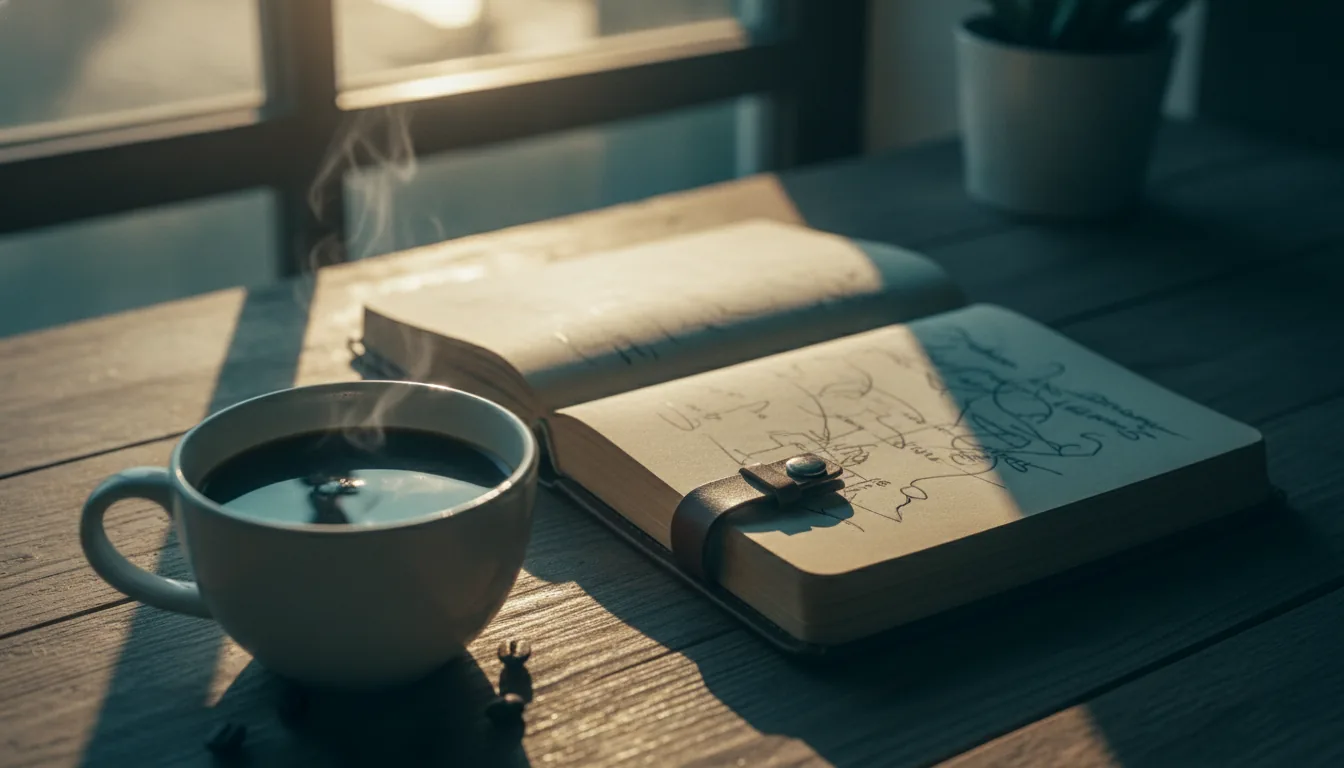 A close-up of fresh coffee and a leather notebook on a sunlit wooden table