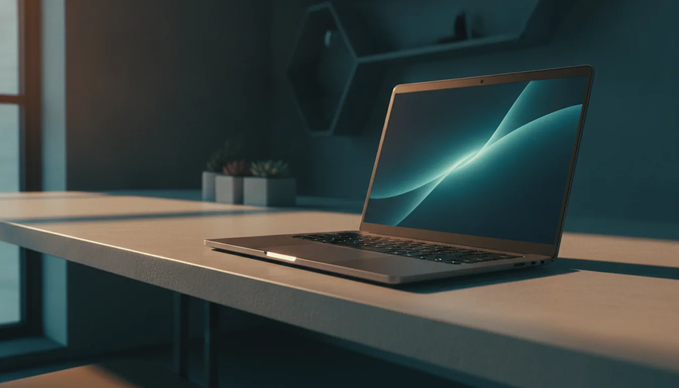 A sleek laptop open on a minimal desk in beautiful natural light