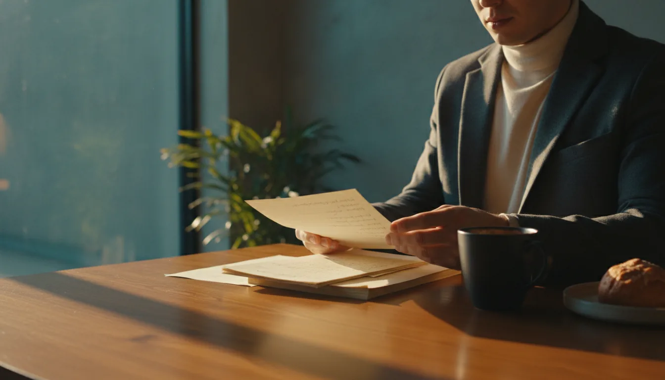 A host reviewing a few printed notes at a sunlit table with a coffee