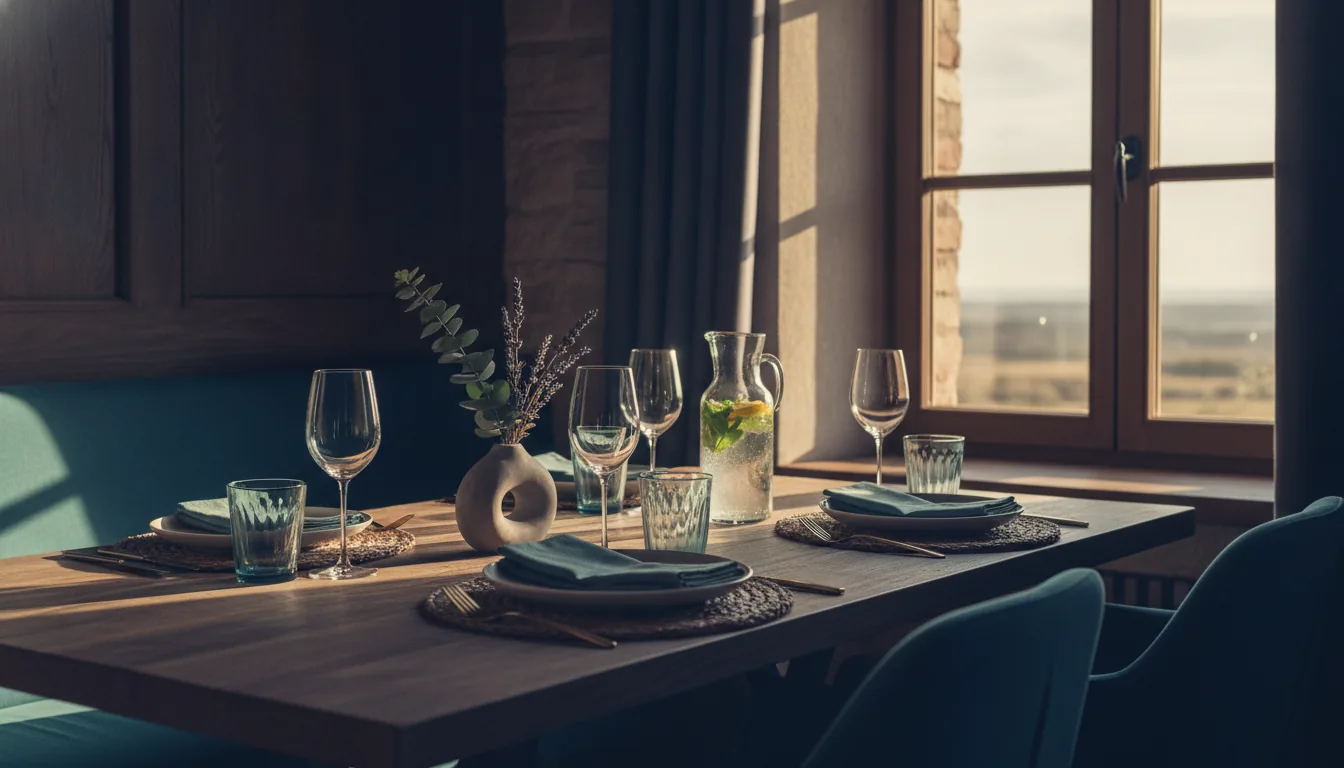 A sunlit vacation-rental dining nook set for guests