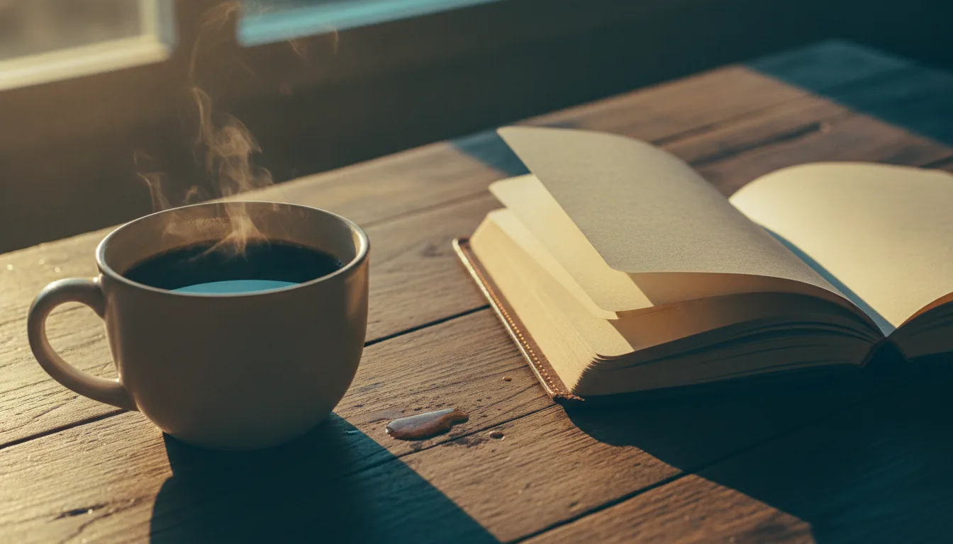 A close-up of fresh coffee and a leather notebook on a sunlit wooden table