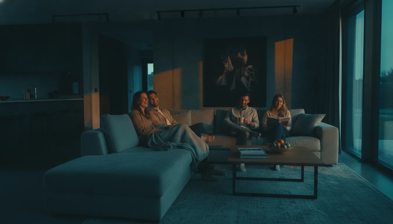 Guests relaxing happily on a sofa in a comfortable vacation rental