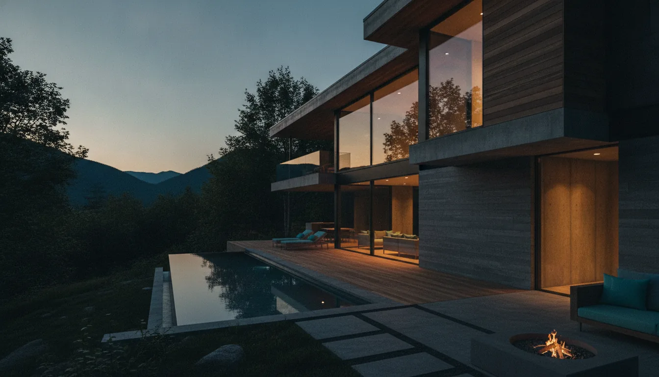A welcoming modern vacation-rental exterior at golden hour with warm lit windows