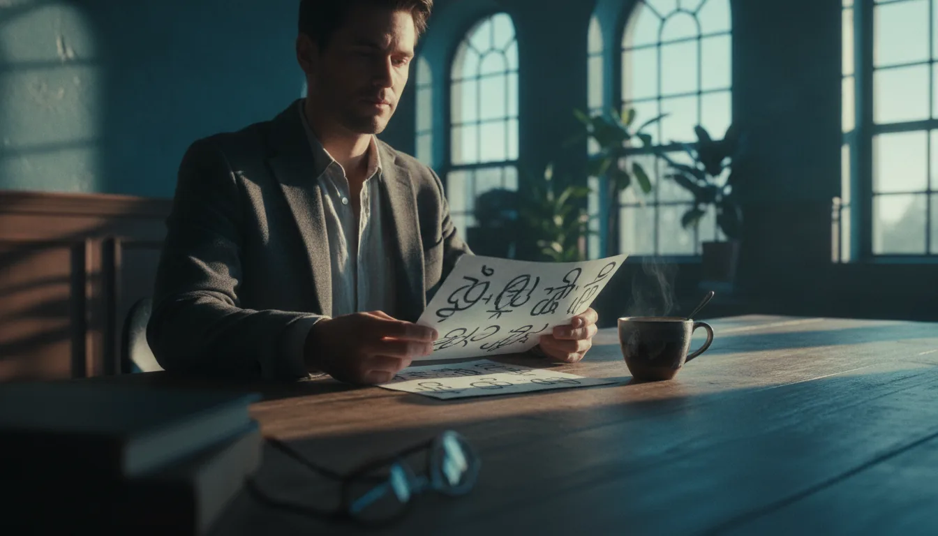 A host reviewing a few printed notes at a sunlit table with a coffee