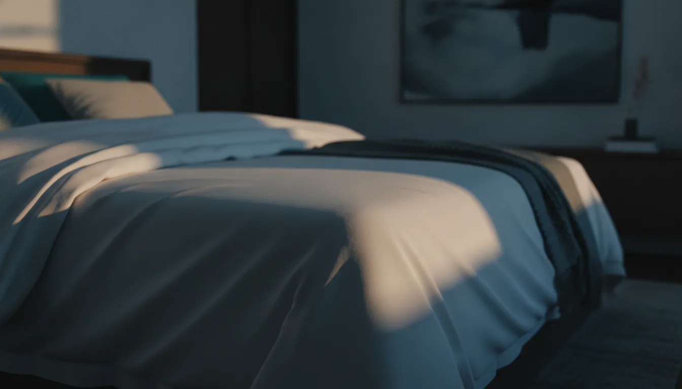 A close-up of a neatly made bed corner with crisp linens in morning light