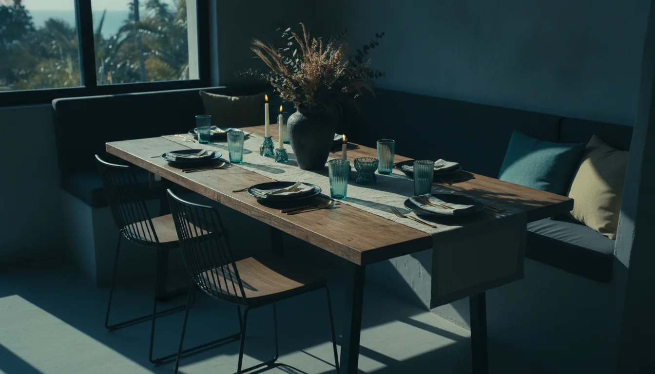 A sunlit vacation-rental dining nook set for guests