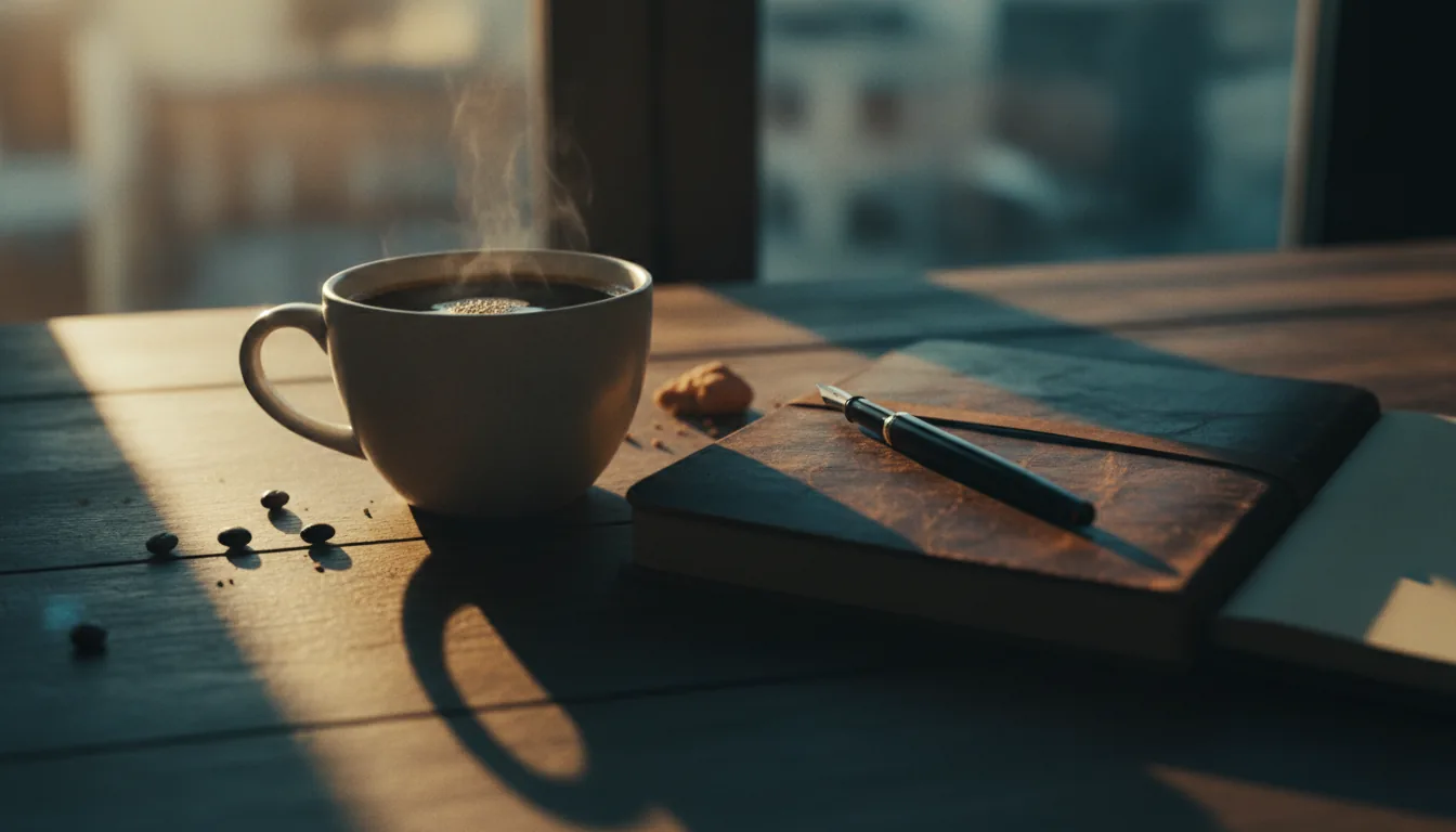 A close-up of fresh coffee and a leather notebook on a sunlit wooden table
