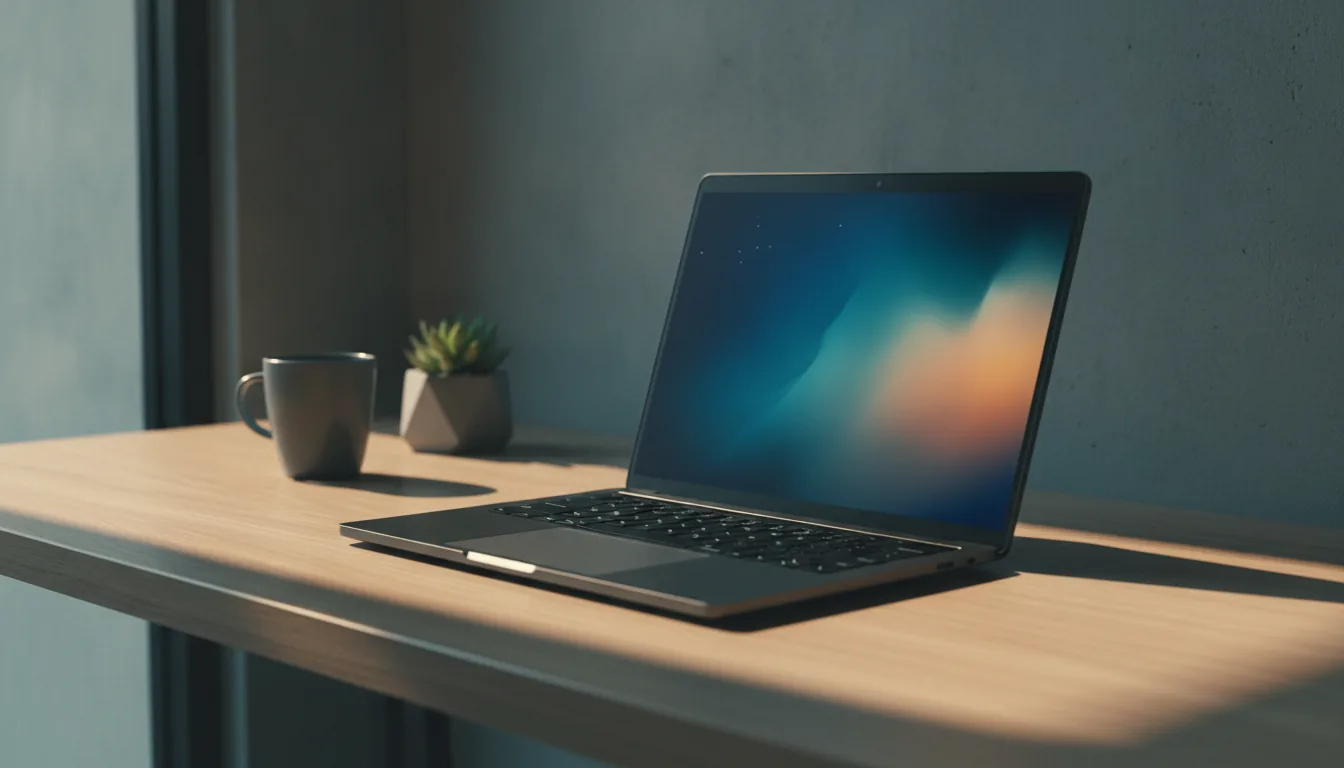 A sleek laptop open on a minimal desk in beautiful natural light