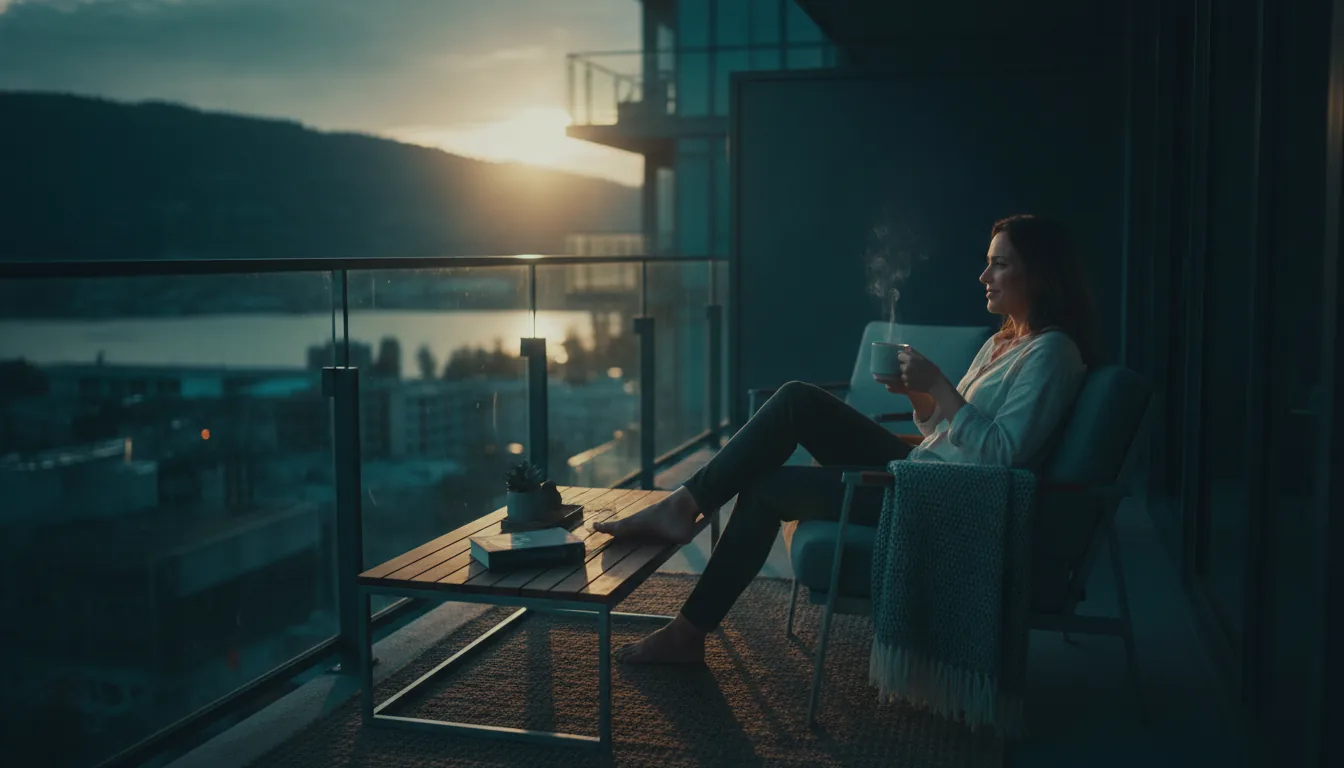 A guest enjoying morning coffee on a sunny rental balcony