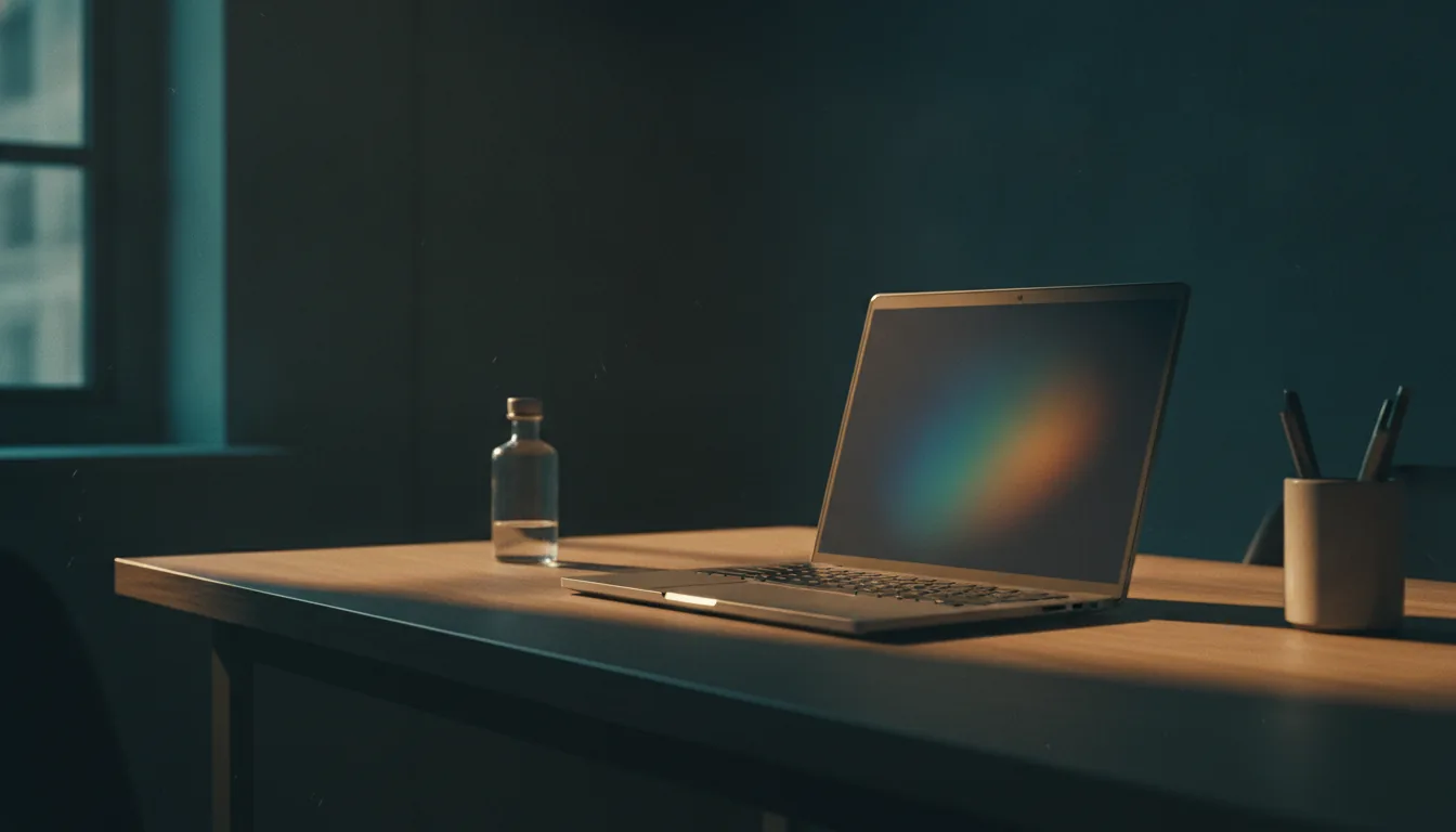 A sleek laptop open on a minimal desk in beautiful natural light