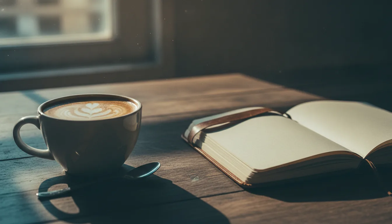 A close-up of fresh coffee and a leather notebook on a sunlit wooden table